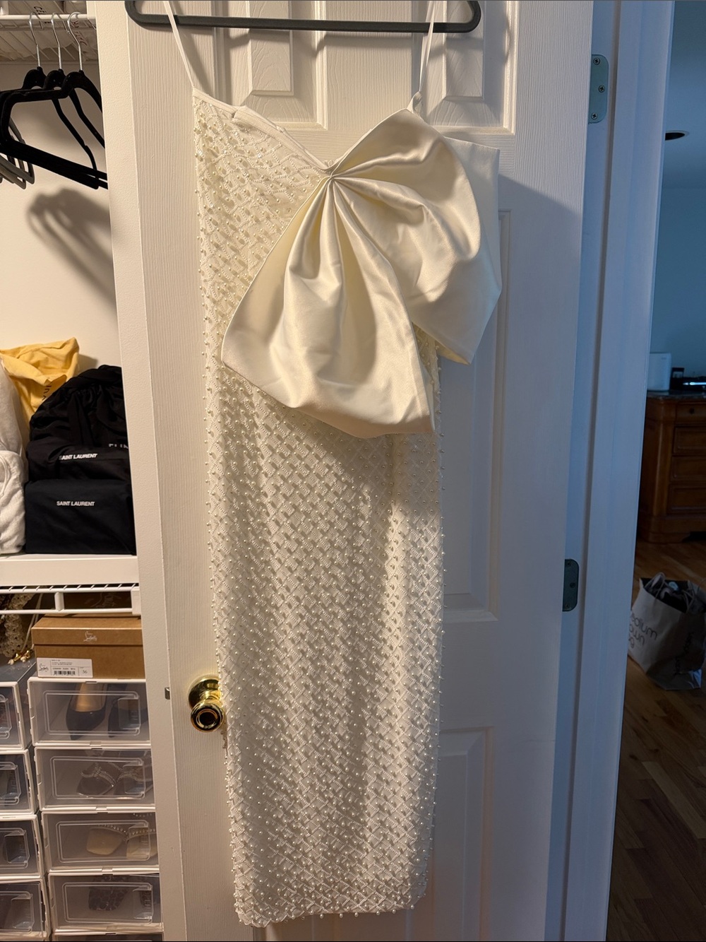 Elegant Beaded Slip Dress with Satin Bow